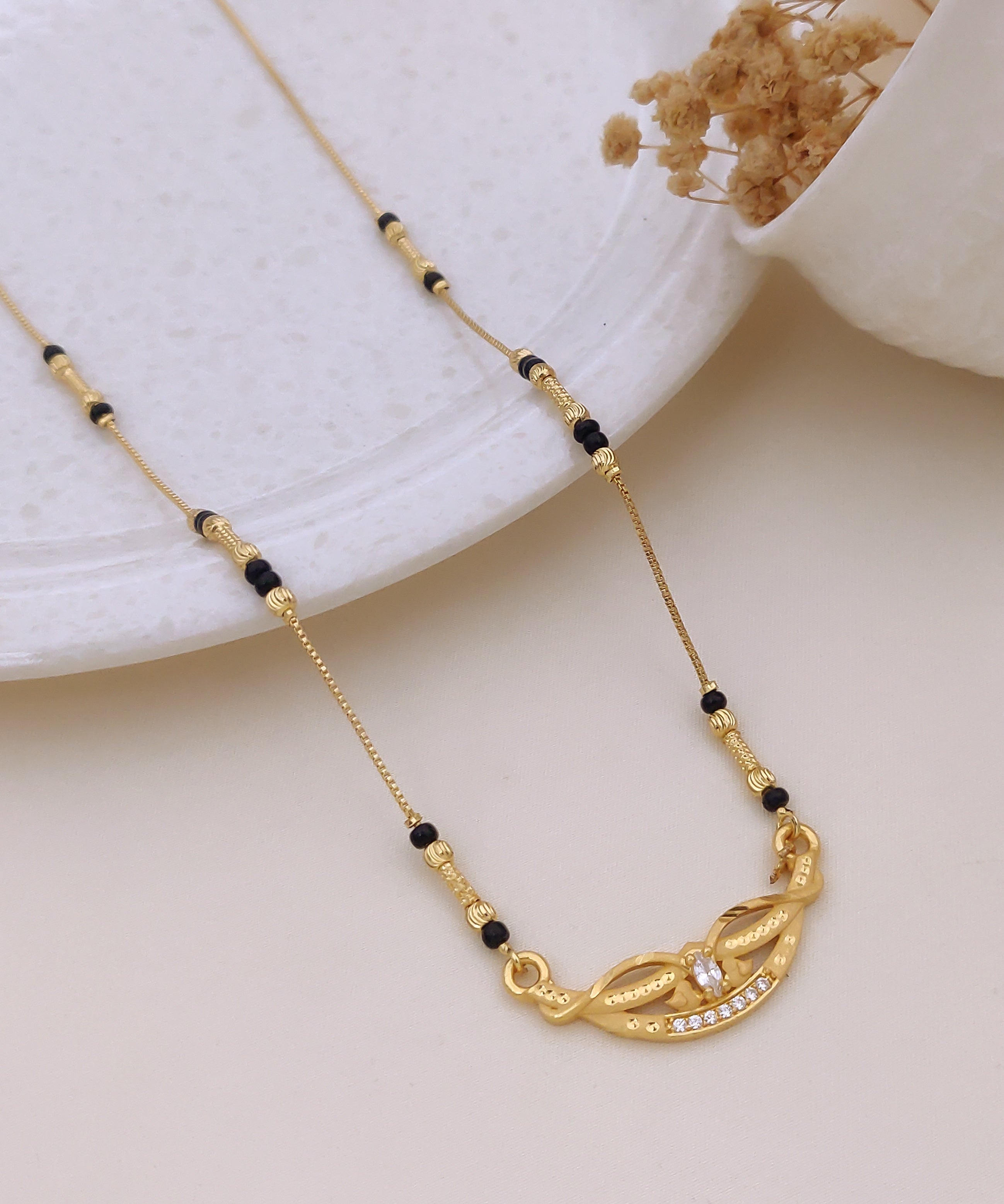 Ishani Crystal Leaf Black Bead Mangalsutra