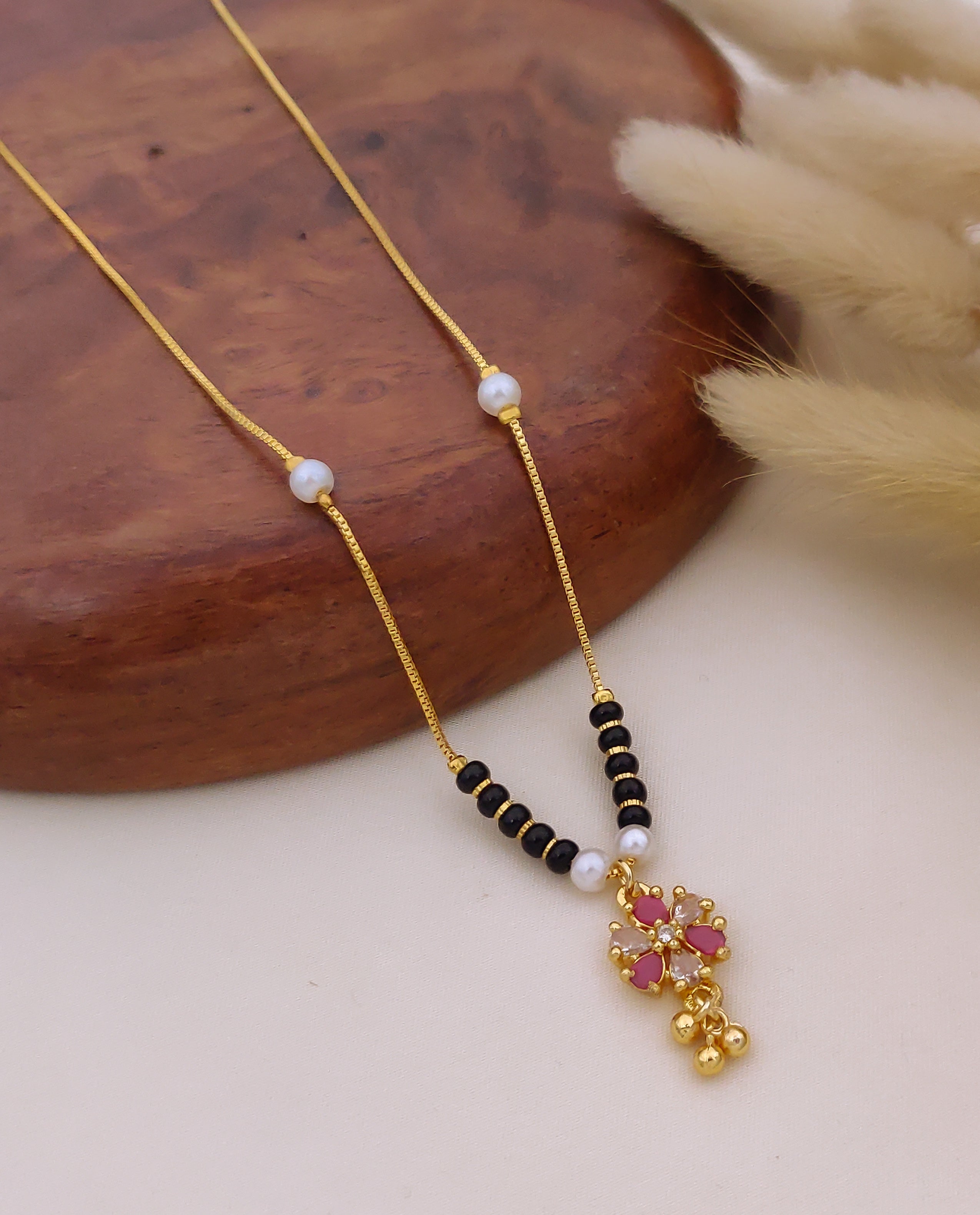 Ruhani Ruby Floral Black Bead Mangalsutra