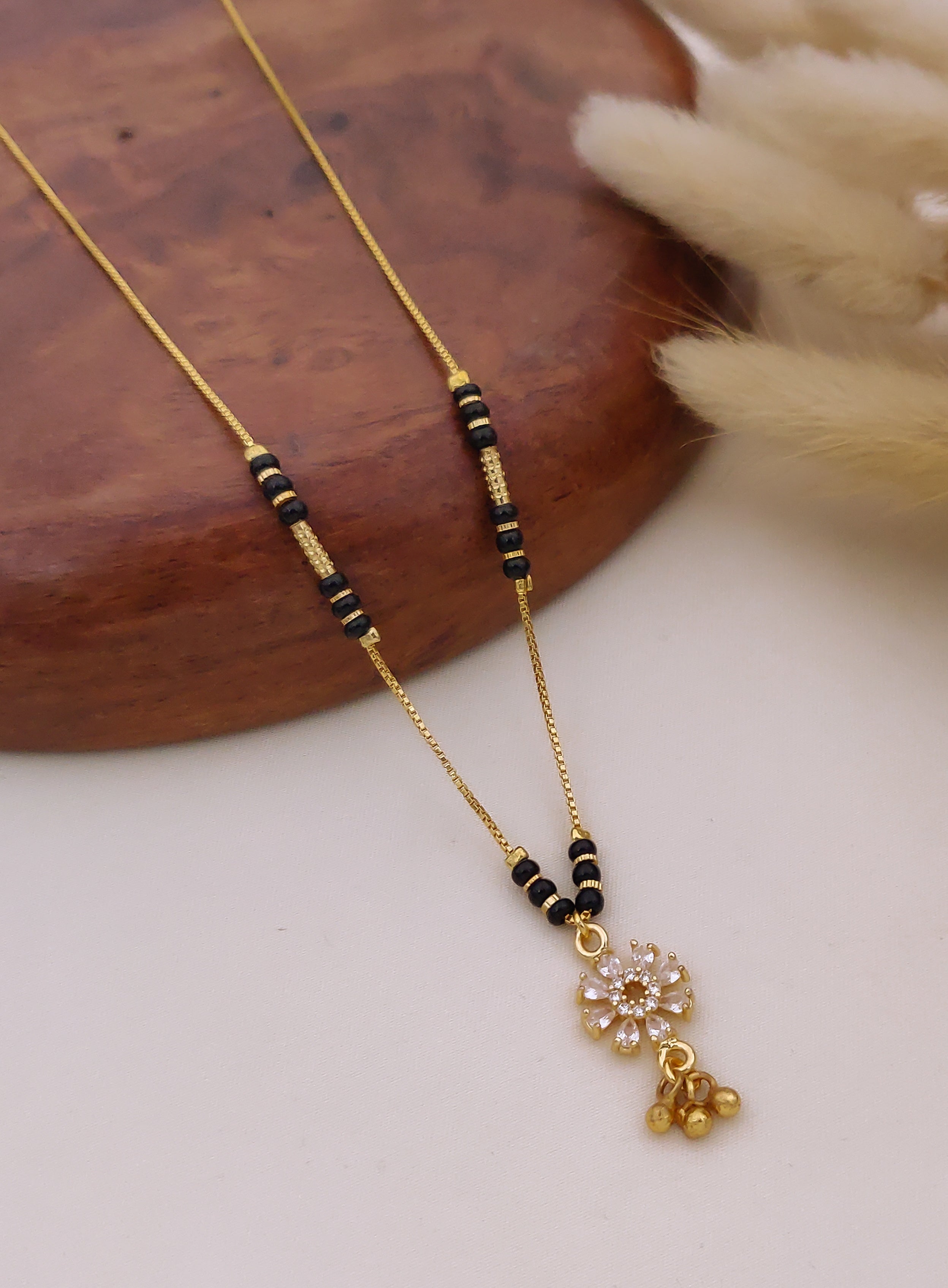 Ishira Crystal Floral Black Bead Mangalsutra