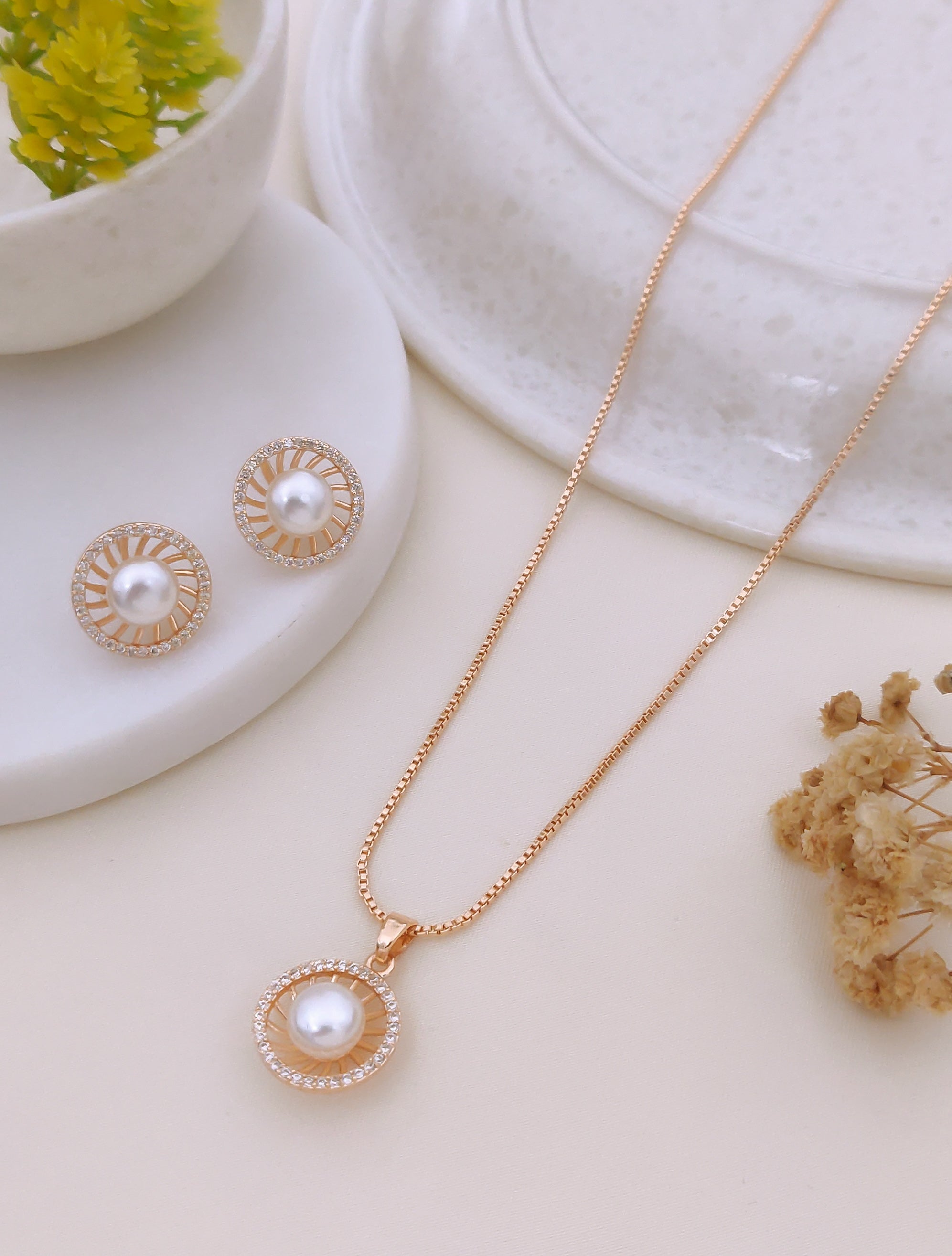 Serena Rose Gold Pearl Halo Necklace Set