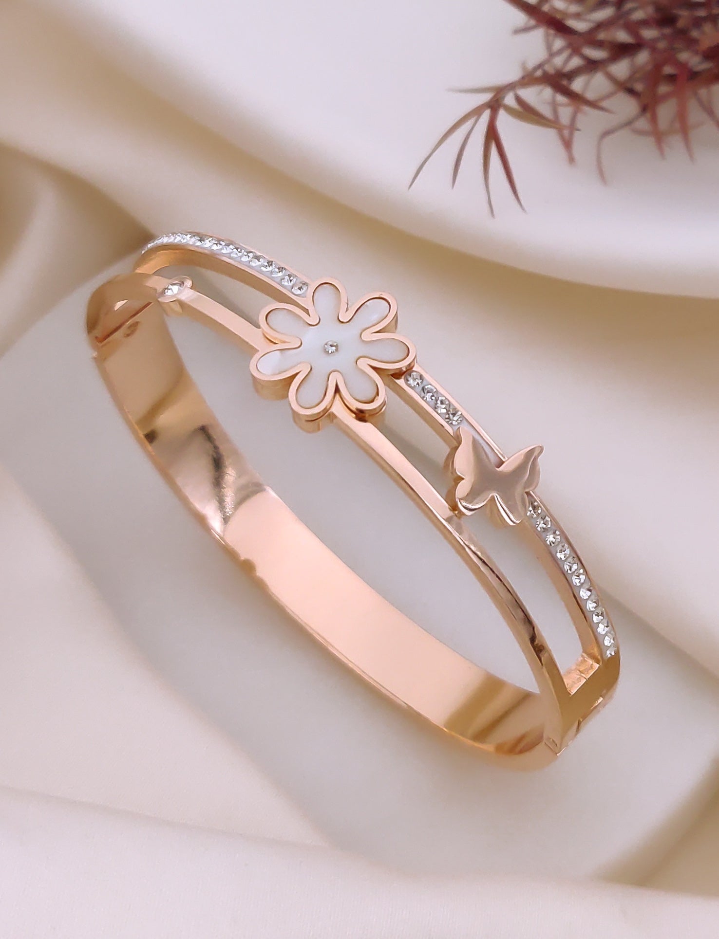 Ivory Blossom & Butterfly Crystal Bangle Bracelet