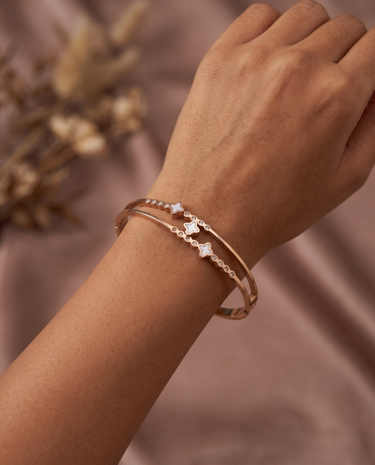Ivory Clover Crystal Double-Band Bangle Bracelet