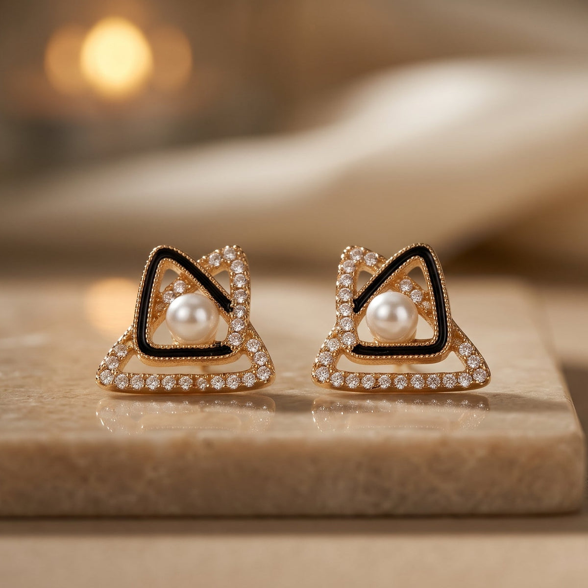 Elara Pearl & Crystal Triangle Stud Earrings
