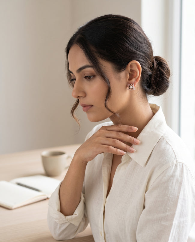 Elara Pearl & Crystal Triangle Stud Earrings Main Image
