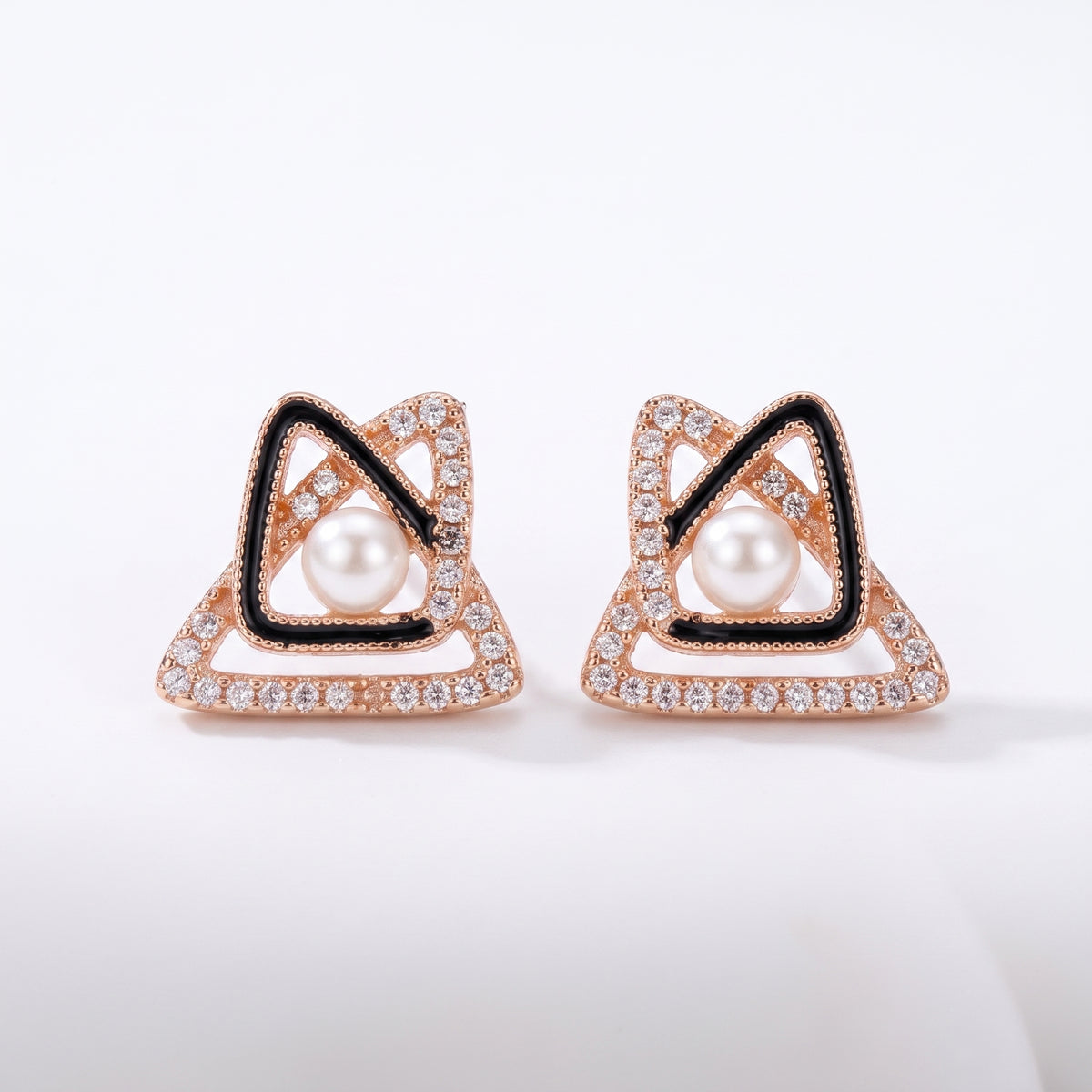 Elara Pearl & Crystal Triangle Stud Earrings