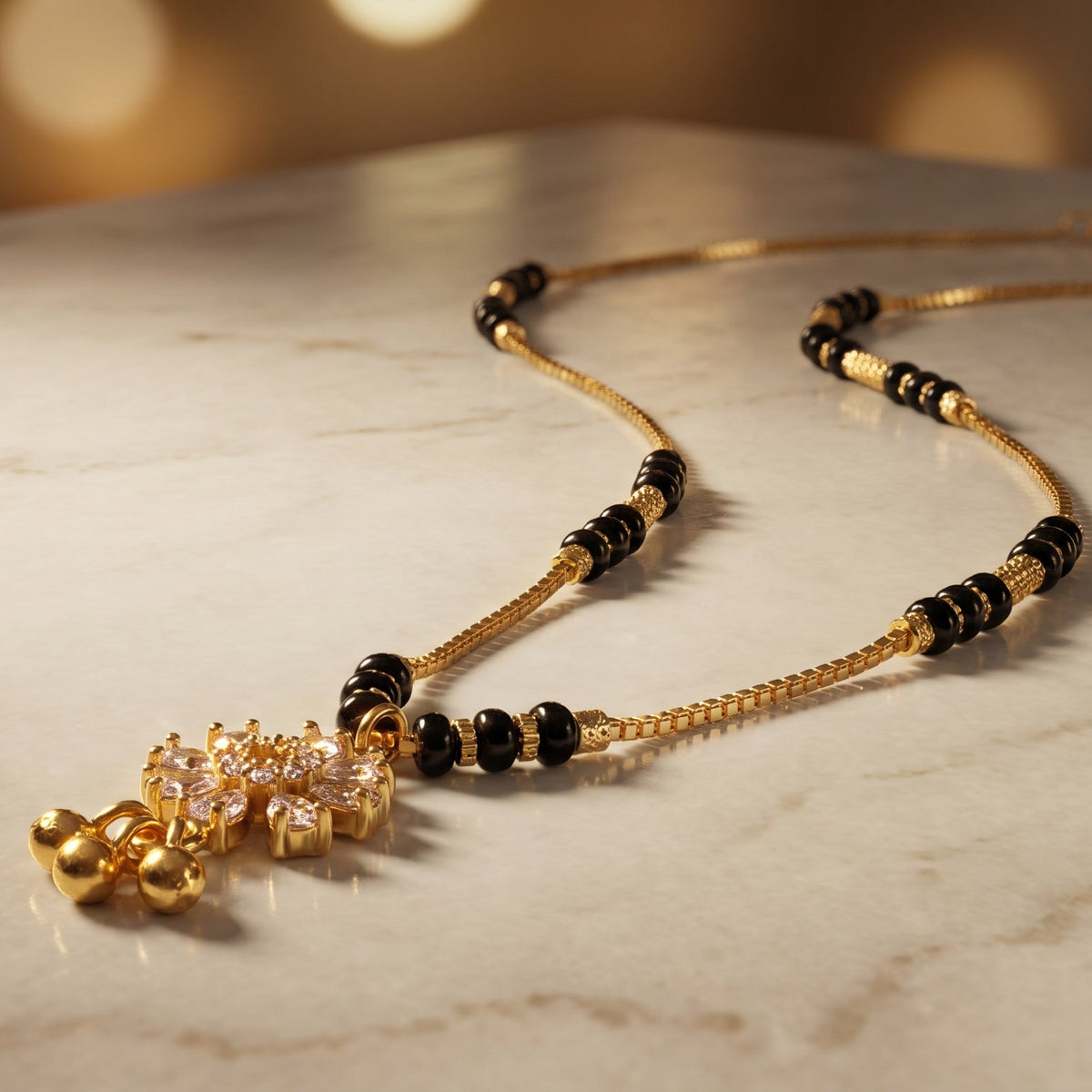 Ishira Crystal Floral Black Bead Mangalsutra