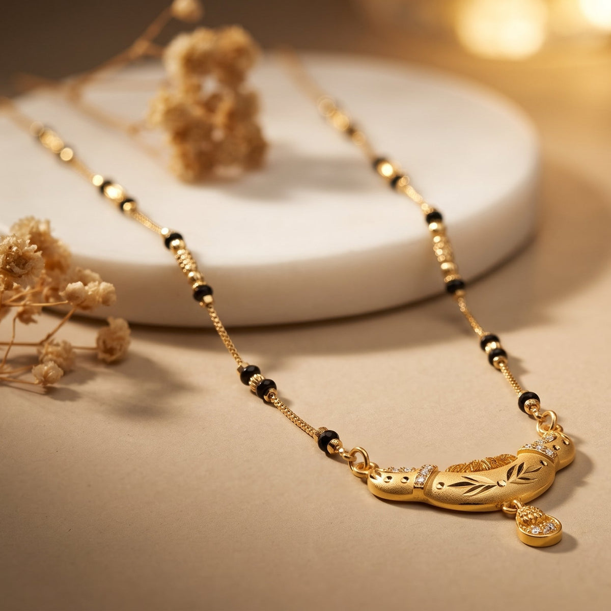 Anvaya Crystal Crescent Black Bead Mangalsutra