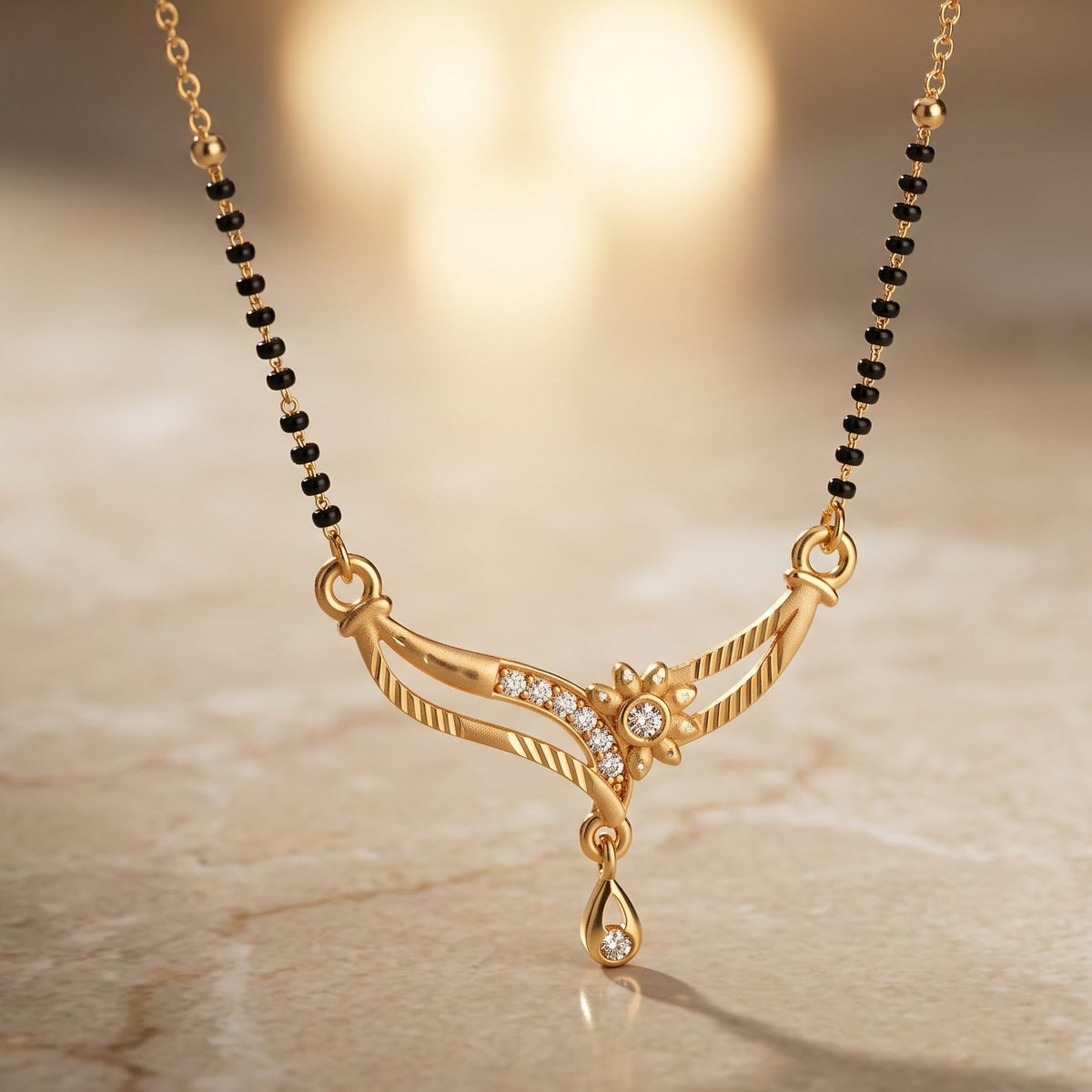 Vritika Crystal Curve Black Bead Mangalsutra