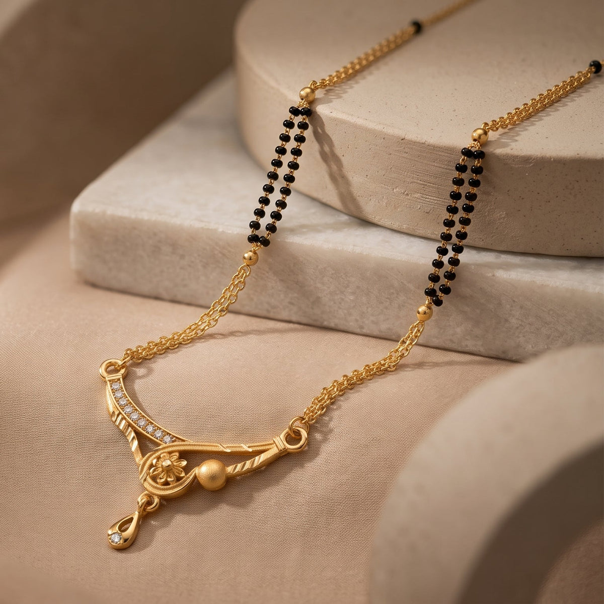 Ishira Crystal Curve Double Black Bead Mangalsutra