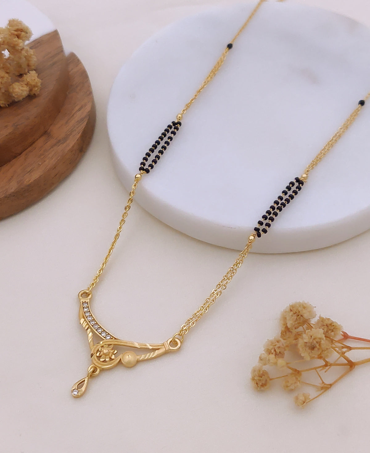 Ishira Crystal Curve Double Black Bead Mangalsutra