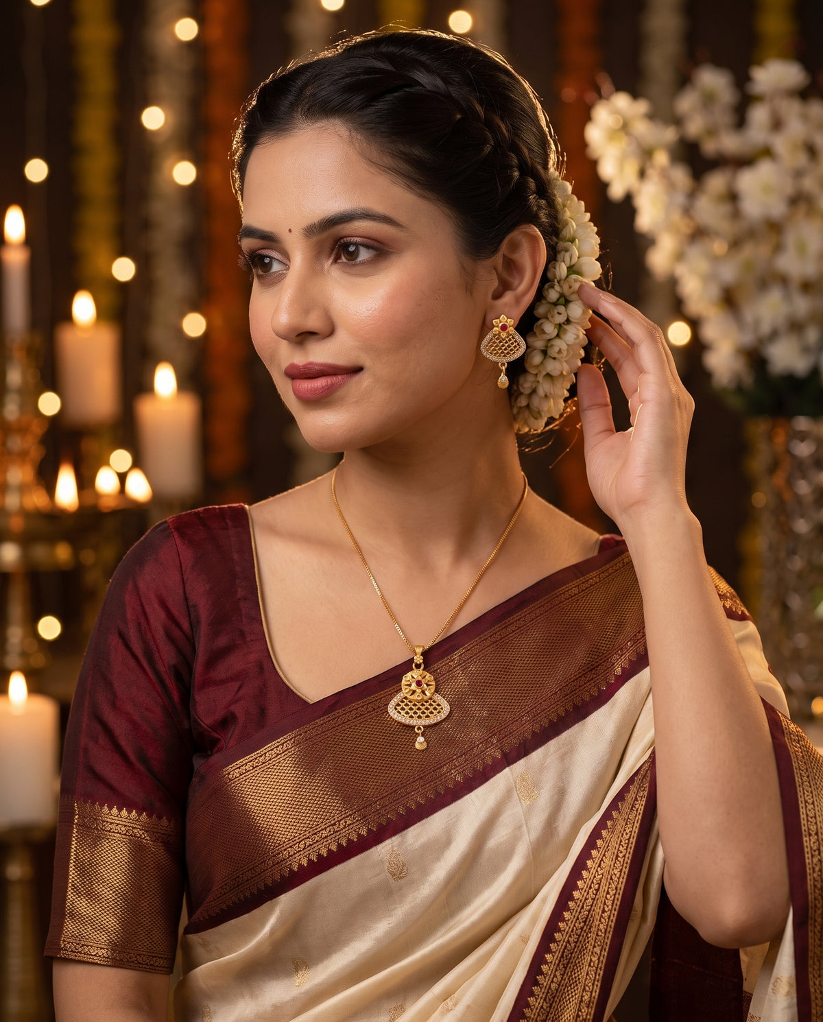 Floral Motif Pendant Necklace & Matching Earrings Set