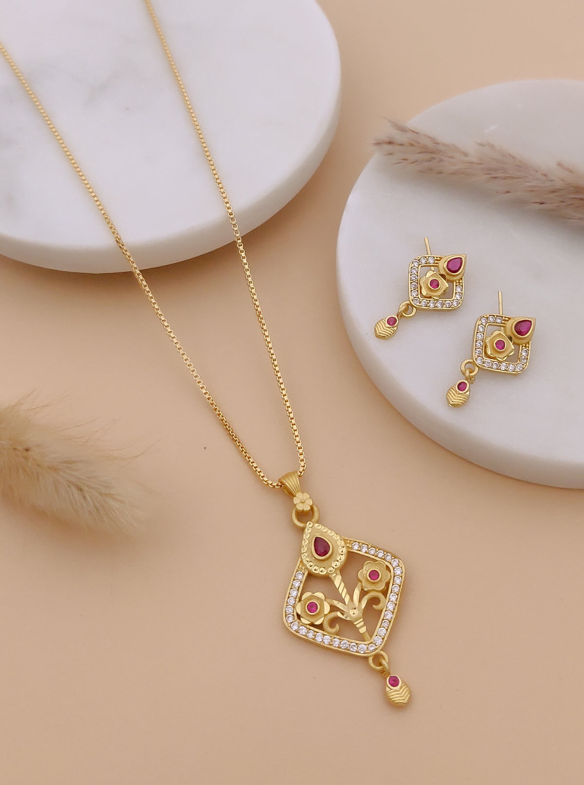 Floral Square Pendant Necklace & Matching Earrings Set