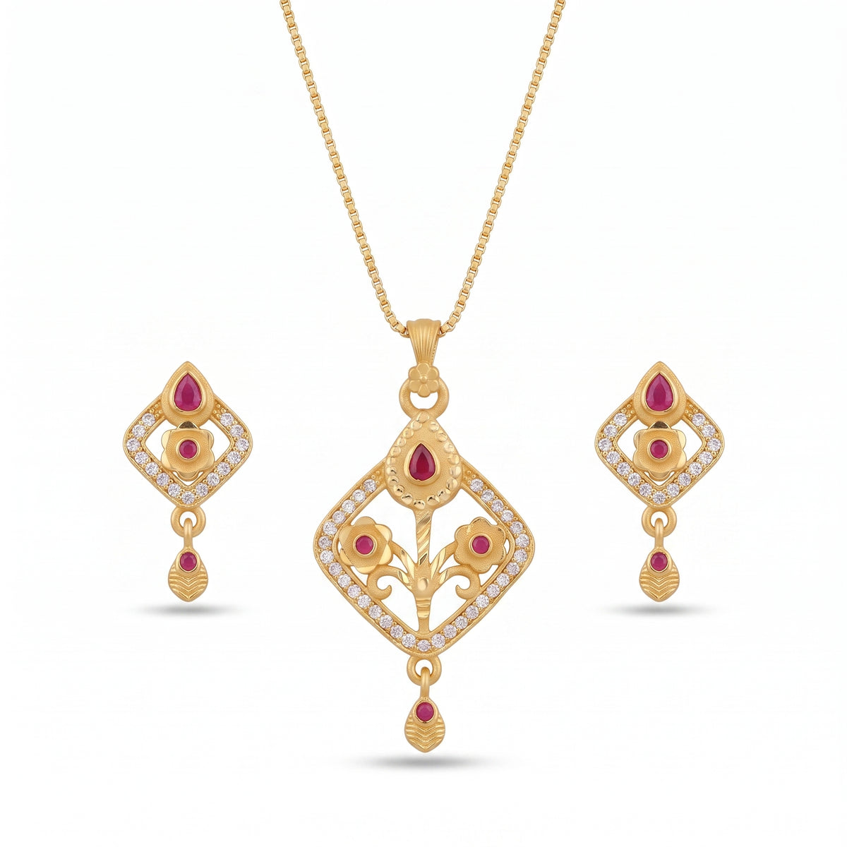 Floral Square Pendant Necklace & Matching Earrings Set