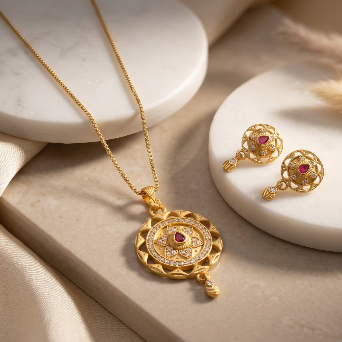 Round Floral Medallion Pendant Necklace & Matching Earrings Set