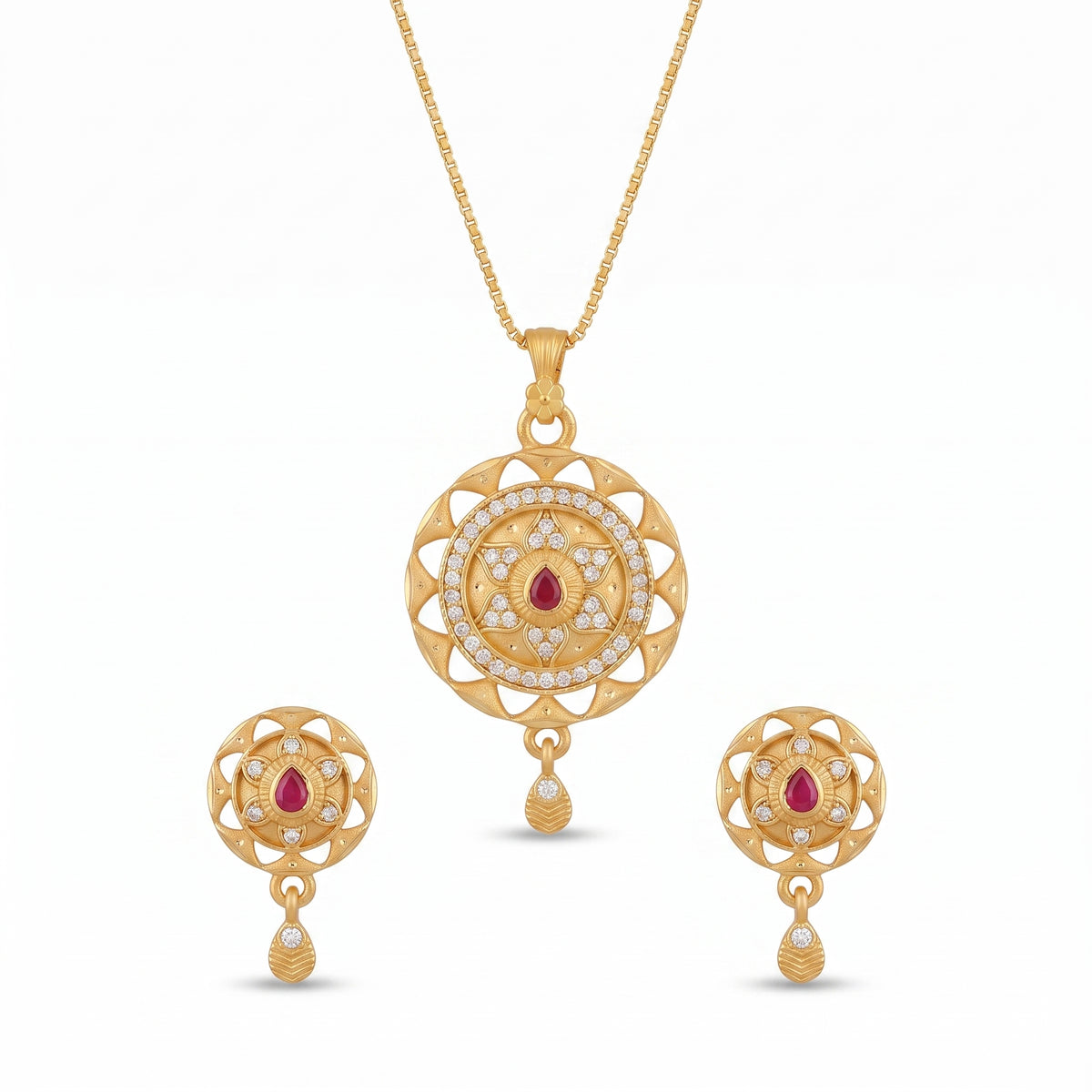 Round Floral Medallion Pendant Necklace & Matching Earrings Set