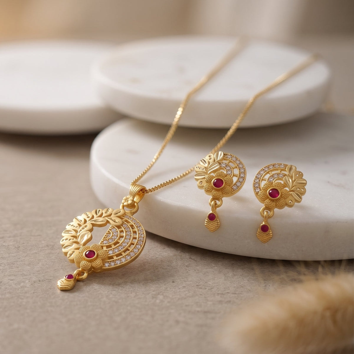 Floral Crescent Pendant Necklace & Matching Earrings Set