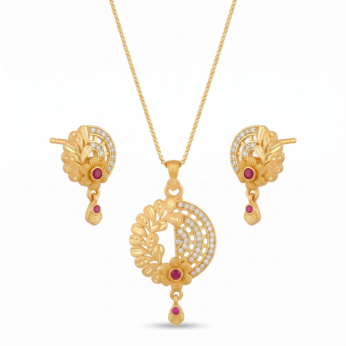 Floral Crescent Pendant Necklace & Matching Earrings Set