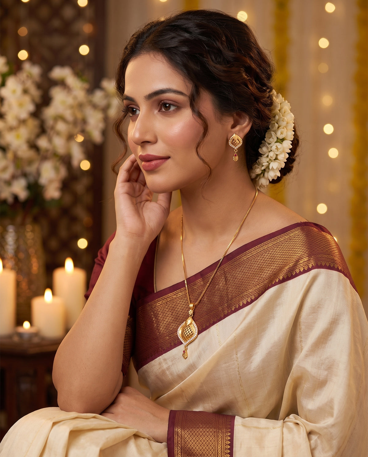 Leaf Motif Openwork Pendant Necklace & Matching Earrings Set