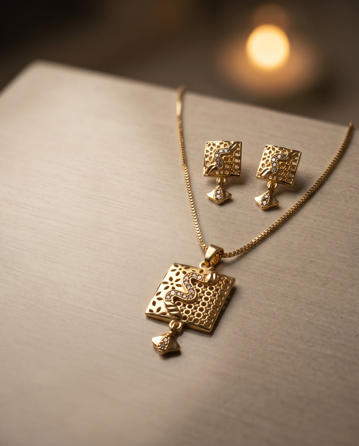 Saanvi Square Charm Gold-Tone Necklace & Earrings Set