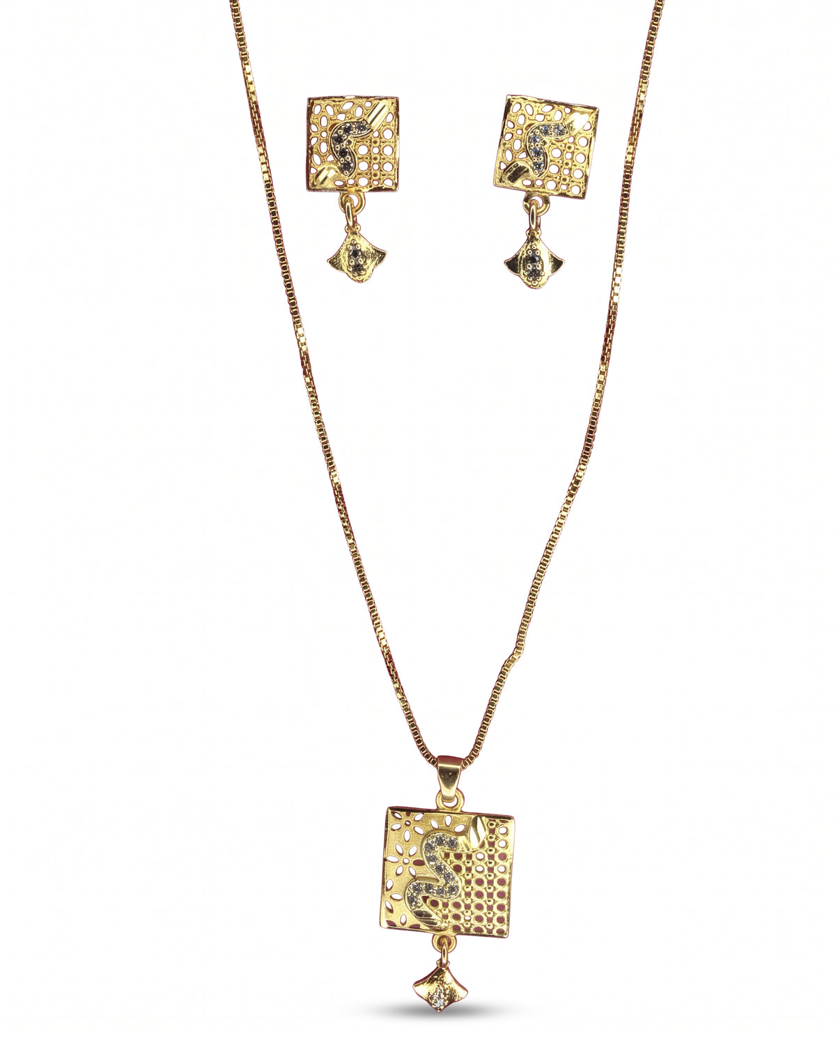 Saanvi Square Charm Gold-Tone Necklace & Earrings Set