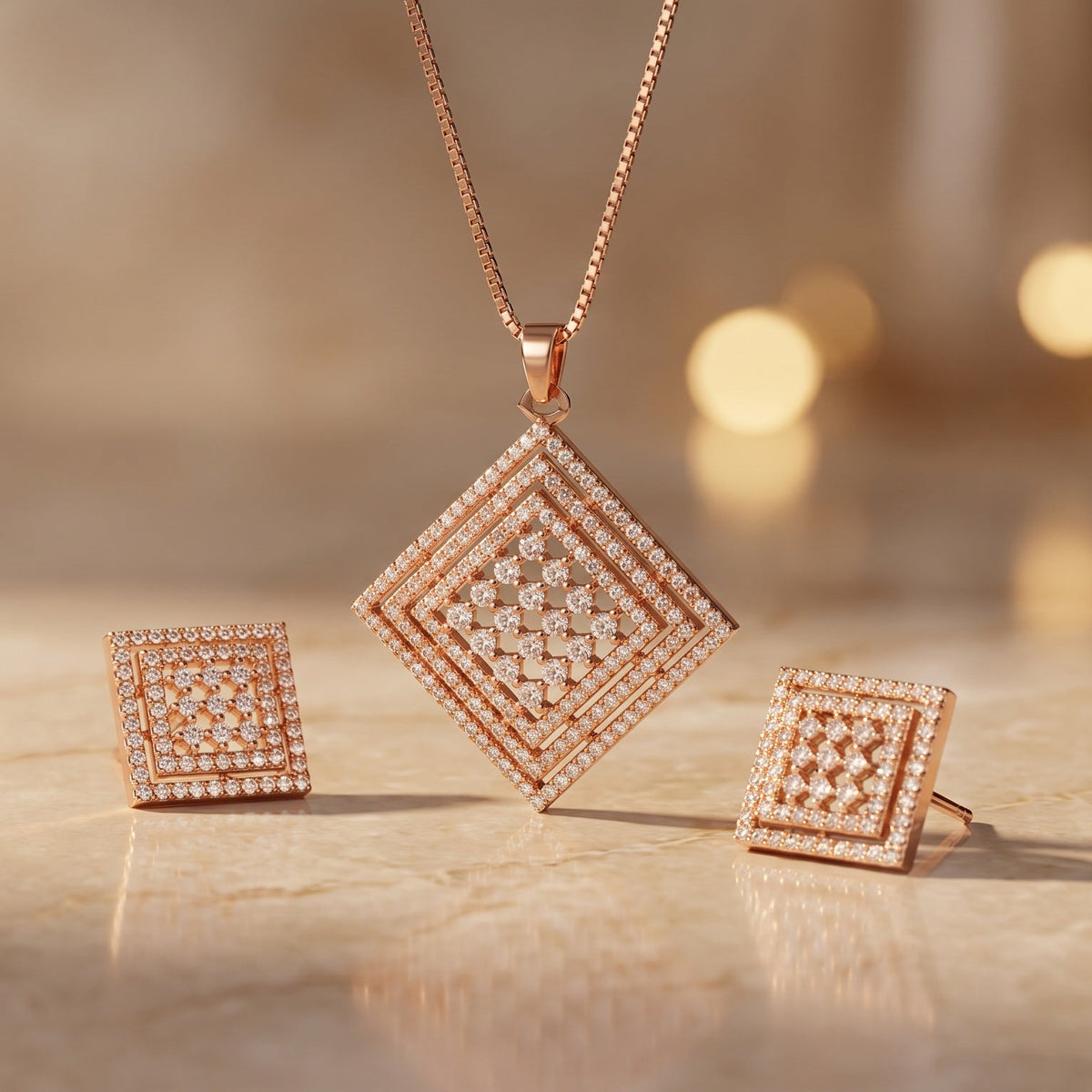 Aurelia Rose Gold Crystal Square Necklace Set