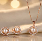 Serena Rose Gold Pearl Halo Necklace Set
