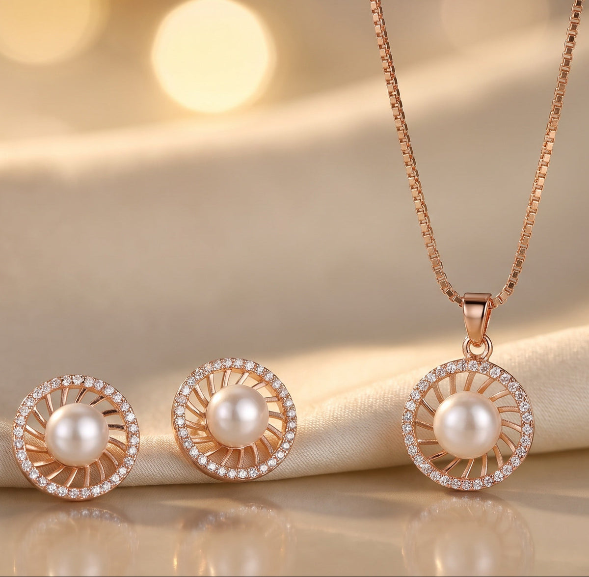 Serena Rose Gold Pearl Halo Necklace Set