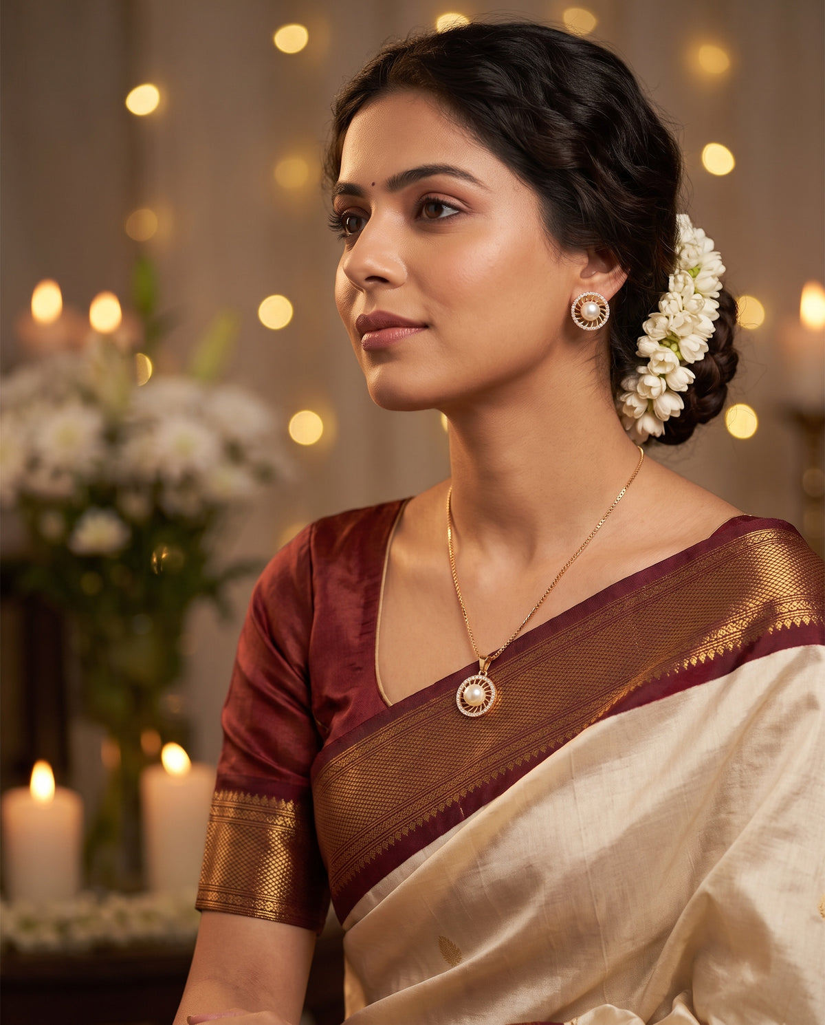 Serena Rose Gold Pearl Halo Necklace Set