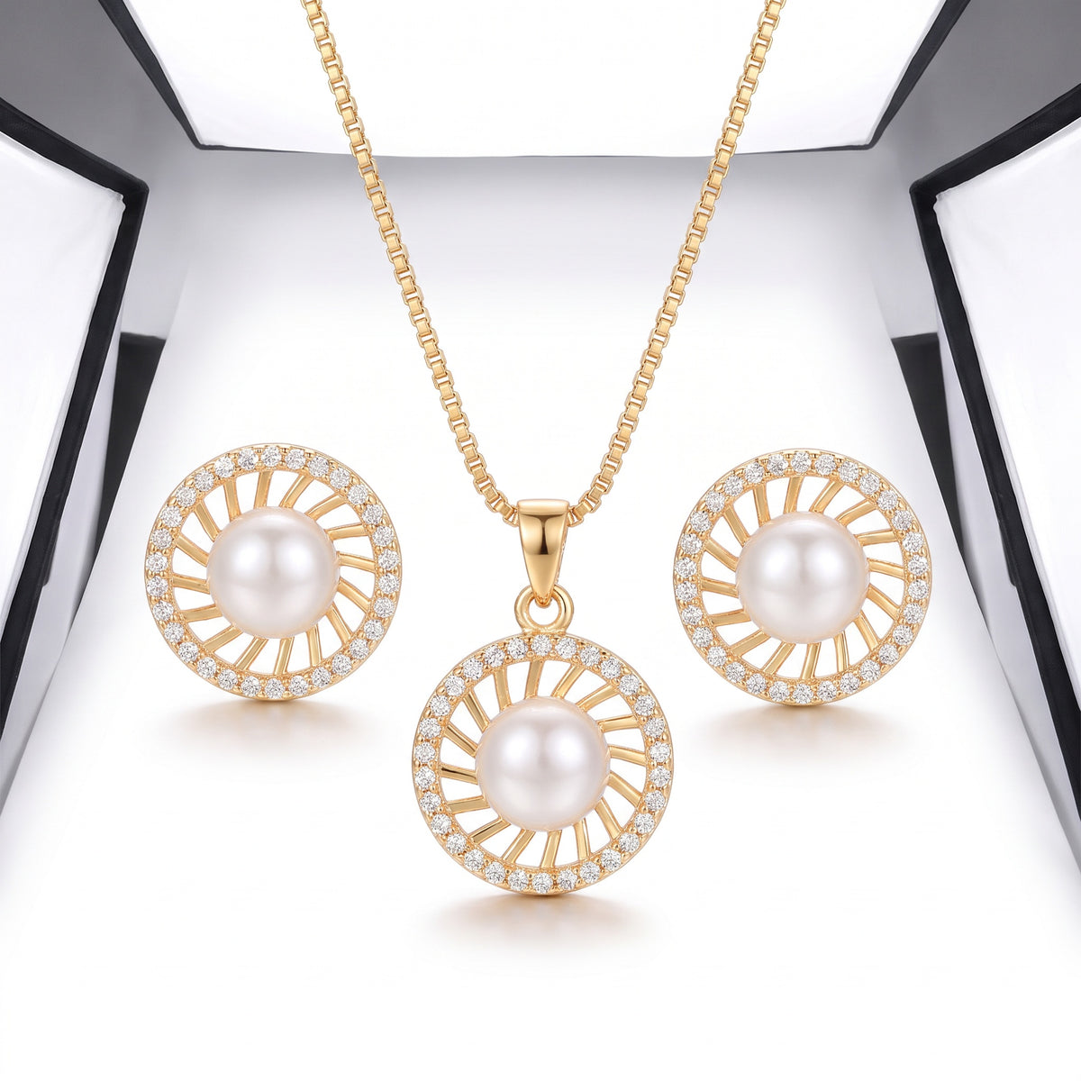 Serena Rose Gold Pearl Halo Necklace Set