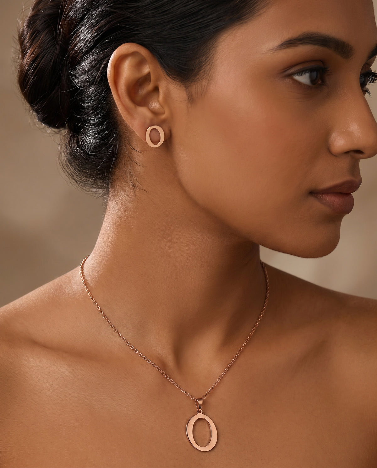 Alora Rose Gold Oval Pendant Necklace Set
