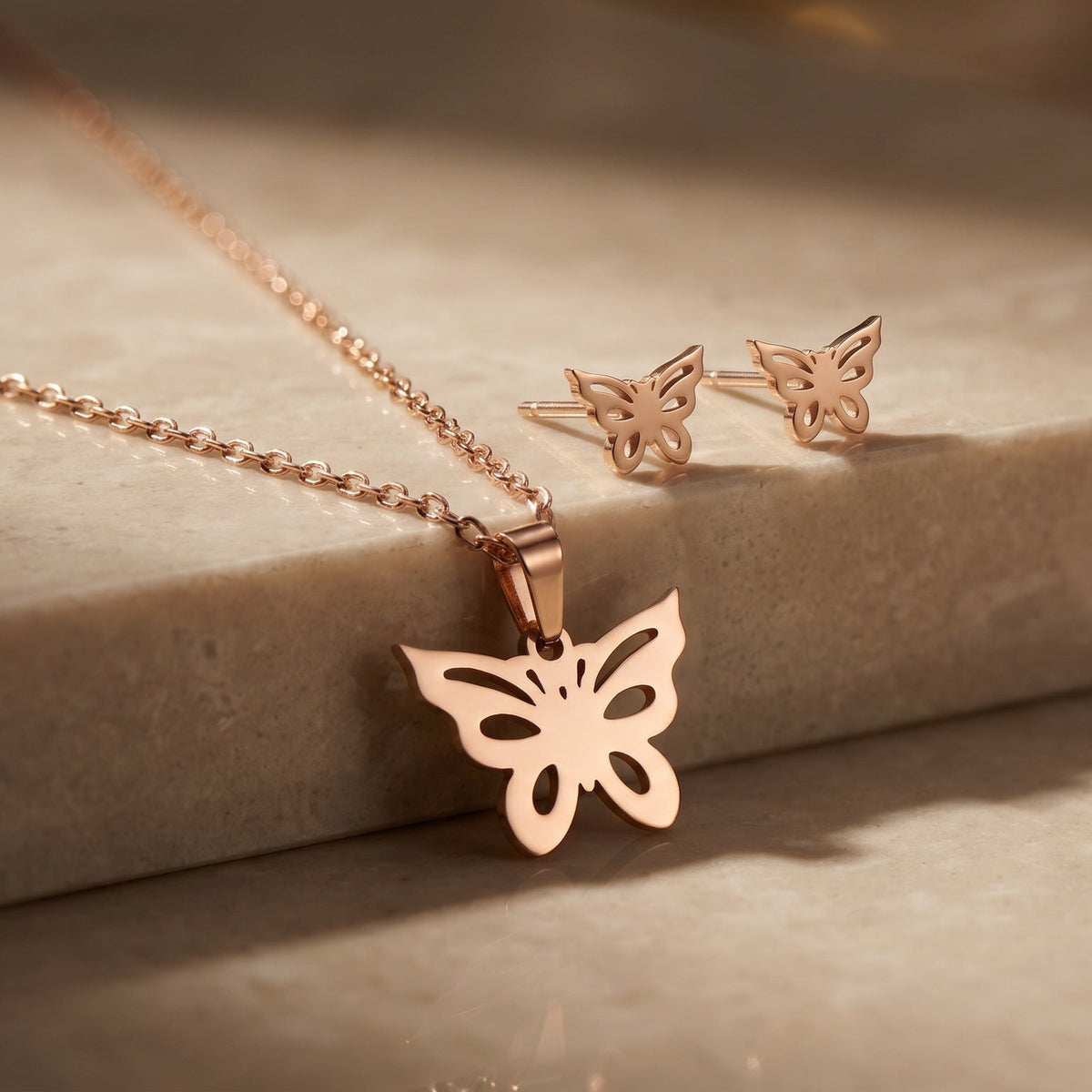 Mariposa Rose Gold Butterfly Necklace Set